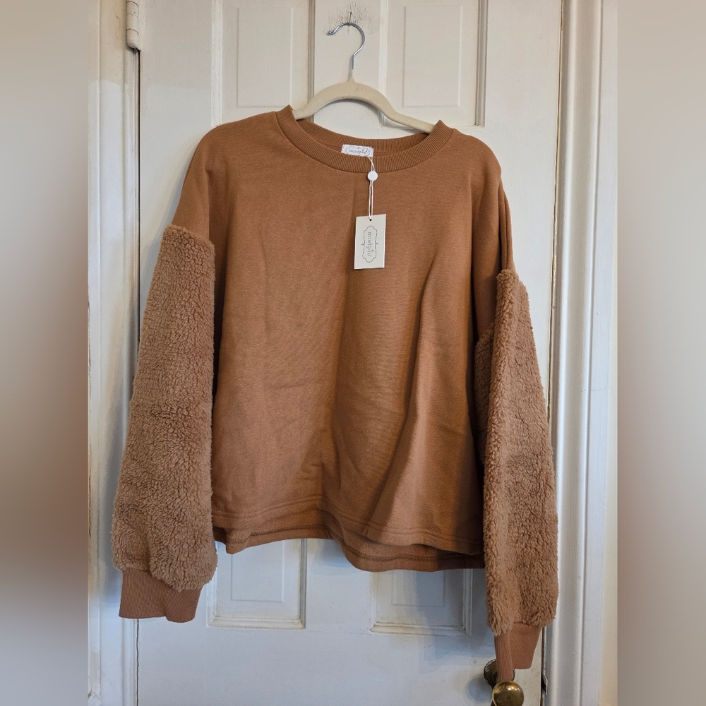 Mud Pie Tan Sweater with Fuzzy Sleeves